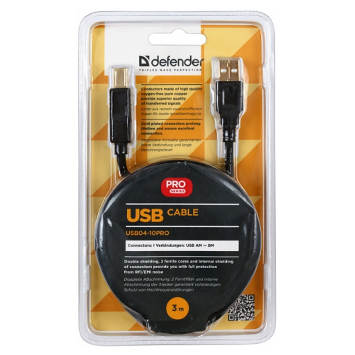 картинка Кабель соединительный USB2.0 A-B, 3м, Defender USB04-10PRO АС