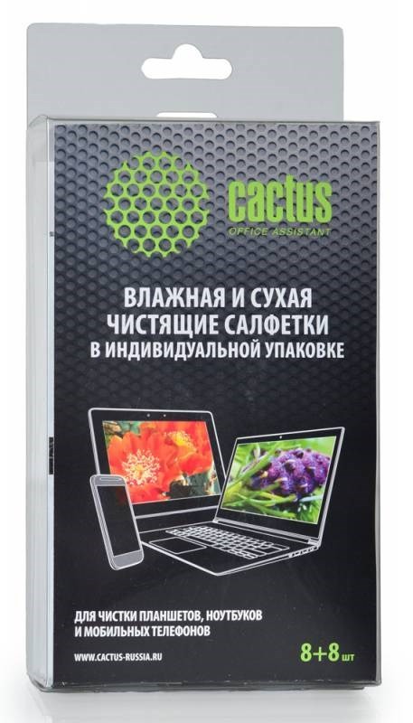 картинка Салфетки Cactus для планшетов, ноутбуков и моб. телефонов, 8 сухих и 8 влажных АС