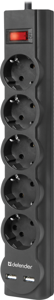 картинка Сетевой фильтр Defender DFS 755 (5м, 5 розеток, 2xUSB, черный) АС