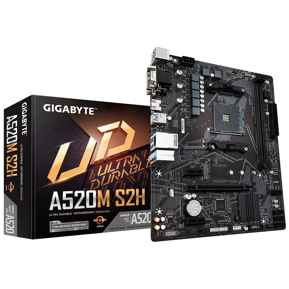 картинка Gigabyte A520M S2H (AM4/AMD A520/2DDR4-3200-64Gb/HDMI/DVI/D-Sub/4xSATA3/M.2/4xUSB3.0/GbLAN/mATX) АС