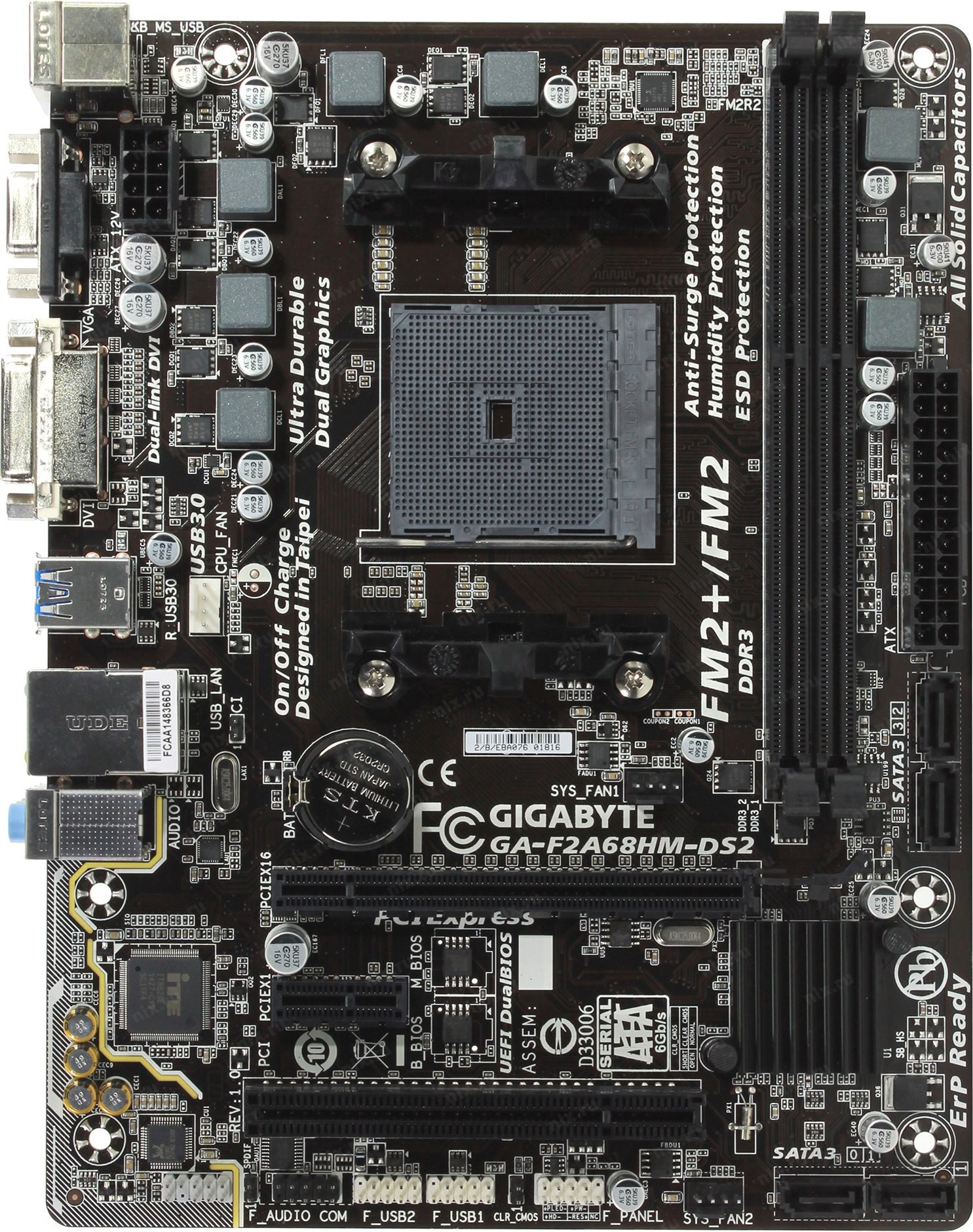 картинка GigaByte GA-F2A68HM-DS2 (FM2+/AMD A68H/2DDR3-2133-64Gb/DVI/D-Sub/4xSATA3/2xUSB3.0/GbLAN/mATX) АС