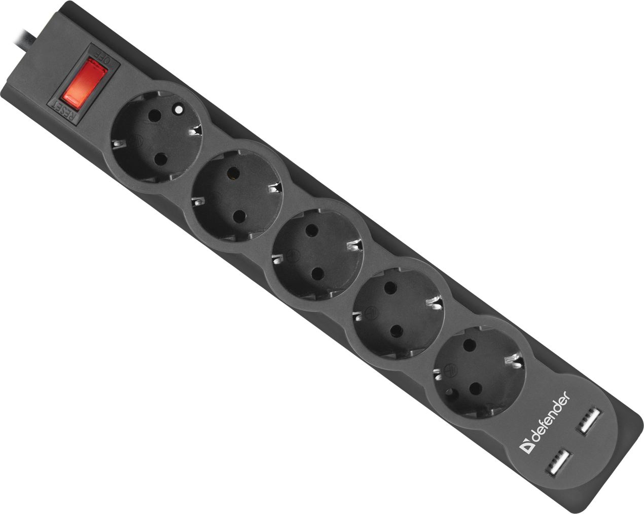 картинка Сетевой фильтр Defender DFS 755 (5м, 5 розеток, 2xUSB, черный) АС