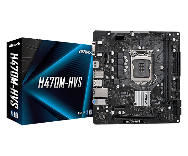 картинка ASRock H470M-HVS (1200/H470/2DDR4-2933-64Gb/HDMI/D-Sub/4xSATA3/2xUSB3.0/GbLAN/mATX) АС