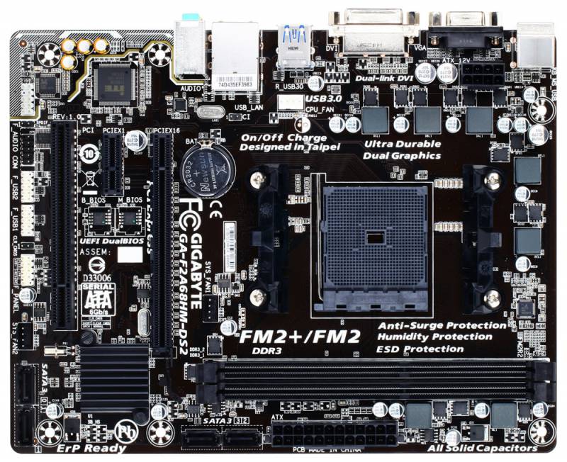 картинка GigaByte GA-F2A68HM-DS2 (FM2+/AMD A68H/2DDR3-2133-64Gb/DVI/D-Sub/4xSATA3/2xUSB3.0/GbLAN/mATX) АС