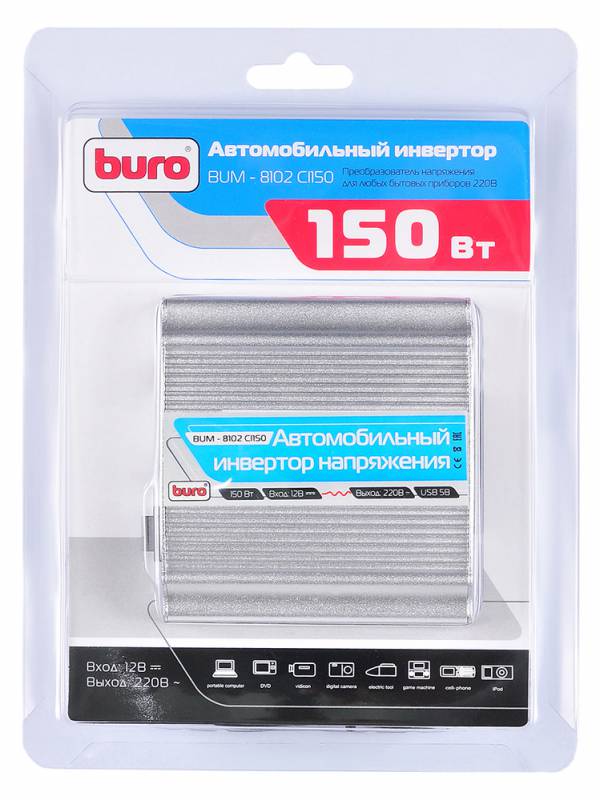 картинка Преобразователь напряжения Buro BUM-8102CI150 (Авто-инвертер, 12V DC --> 220V AC, 150W, 1xUSB)   АС