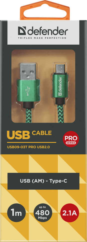 картинка Кабель Defender USB09-03T PRO USB-Type-C, 1м, Green АС